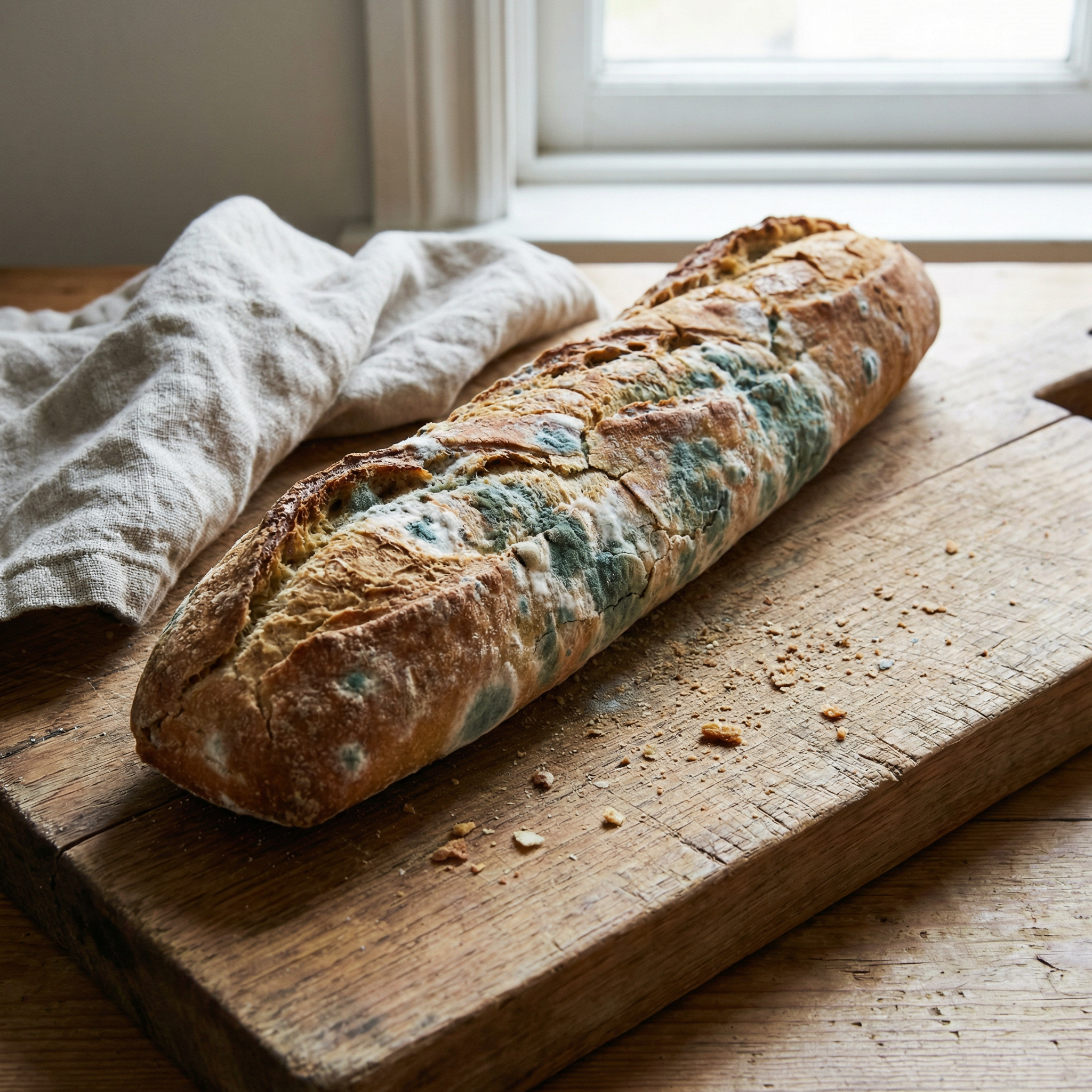 Une baguette moisie sur une planche en bois