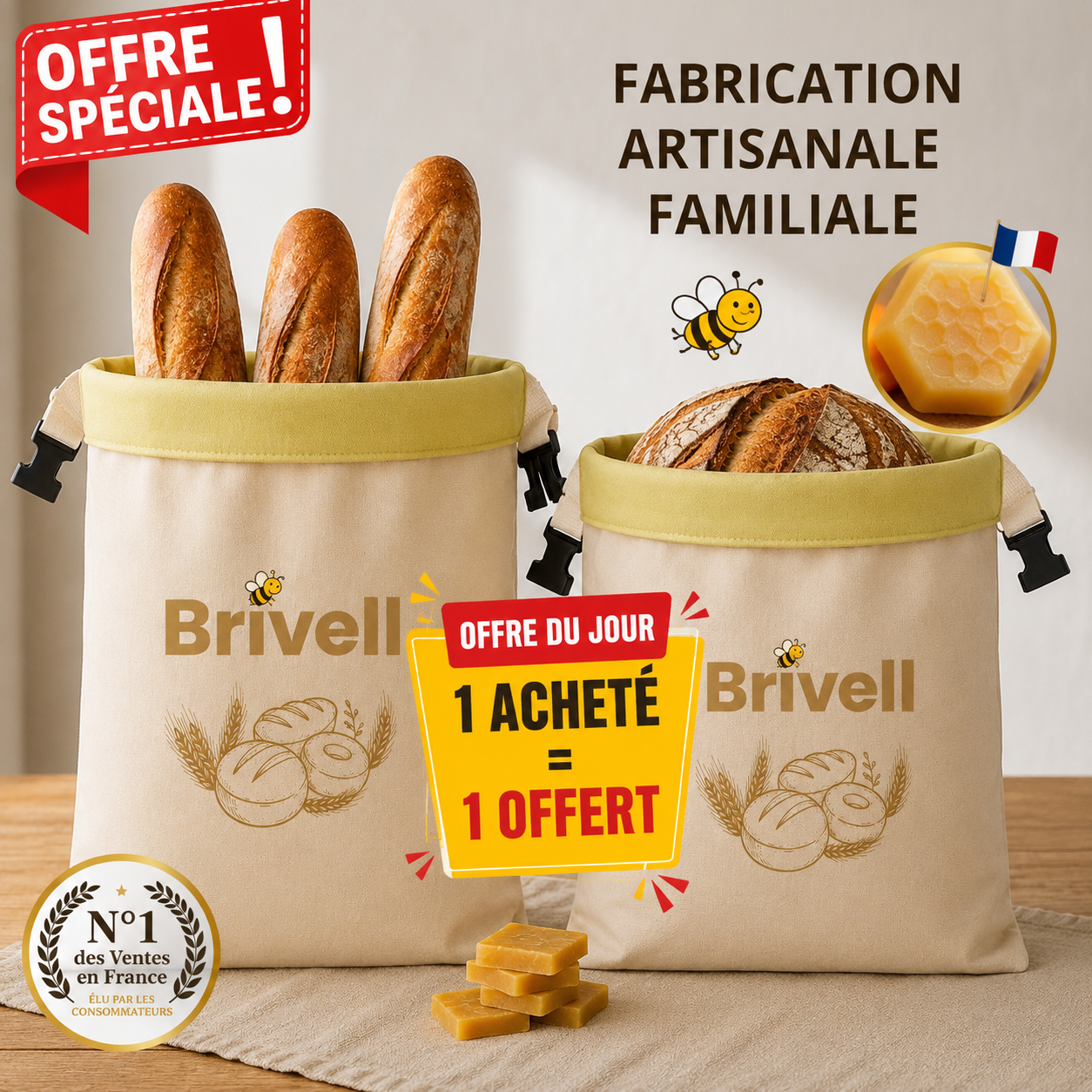 Sacs Brivell Premium en cire d'abeille & coton 100 % — Lavables, pour une conservation naturelle